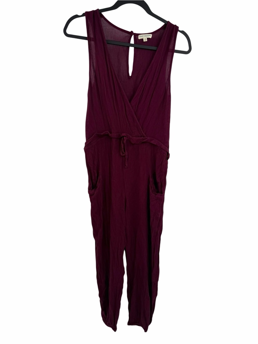 Earthbound Jumpsuit Small Burgundy Red jogger Leg Faux Wrap Sleeveless Gauze